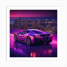 Ferrari Car Overlooking The Miami Skyline At Night Art Print