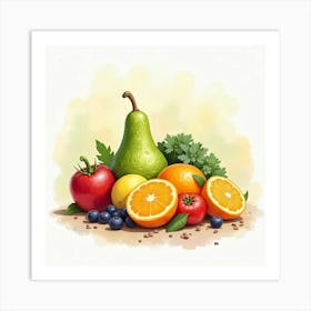 Beautifully Arranged Fruits And Veggies With A Soft Watercolor Backdrop 1 Art Print