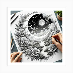 Moon And Roses Art Print