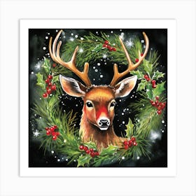 Deer In Holly Wreath Art Print