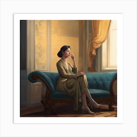 Woman Sitting On A Blue Couch Art Print
