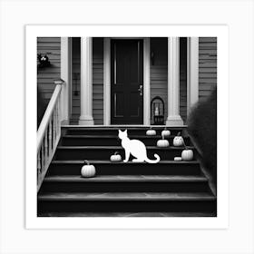 Halloween Cat On Steps In Front Of The Halloween House Black And White Still Digital Art Perfect Art Print