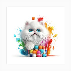 White Cat With Colorful Paint Art Print