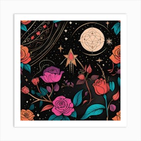 Seamless Pattern With Roses And Stars Art Print