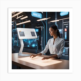 Futuristic Woman At Desk Art Print