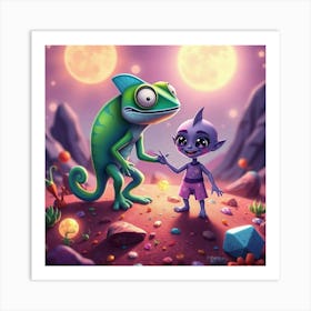 Alien Kid And Chameleon Art Print