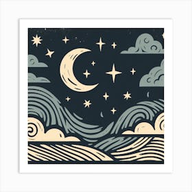 Linocut, Scandinavian Style, Night Sky with Crescent Moon 3 Art Print