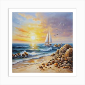 Oil painting design on canvas. Sandy beach rocks. Waves. Sailboat. Seagulls. The sun before sunset.44 Art Print