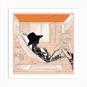 A Silhouette Of A Man Wearing A Black Hat And Laying On Her Back On A Orange Screen, In The Style Of (6) Art Print