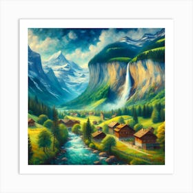 Swiss Alps At Sunrise With Pristine Lake And Green Valley Painting Art Art Print