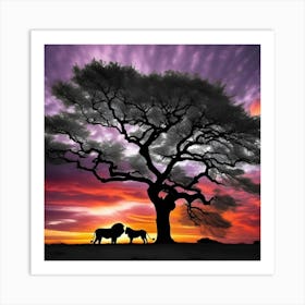 Sunset With Lions Art Print