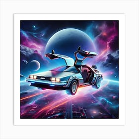 Back To The Future Delorean Flying Space, Synth Wave, Digital Art Art Print