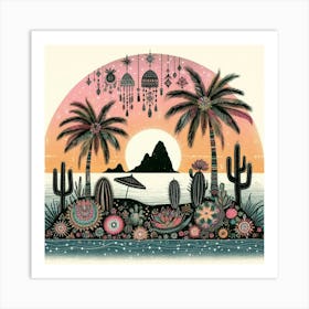 Boho art Silhouette of an island with cacti Art Print