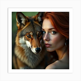 Beautiful Woman And Wolf Art Print