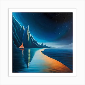 Sailboat At Night, Moonlight, Night Landscape, Digital art Print, Home Decor Art Print