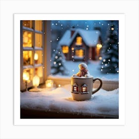 Macro Photo Of A Porcelain Cup Cradling A Miniature House Windows Aglow With Warm Lights Nestled A (1) Art Print