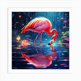Very Colorful Picture Of Flamingo In Water Beautiful Lighting And Reflections Golden Ratio Fake Art Print