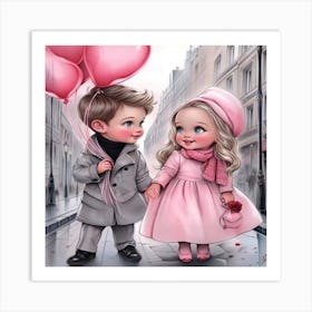 Boy And Girl Holding Balloons Art Print