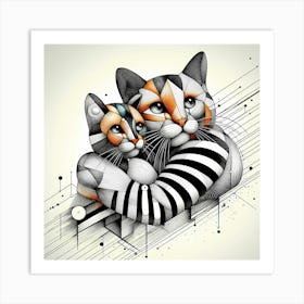 Cats Hug - Abstract Line Art Illustration 230 Art Print