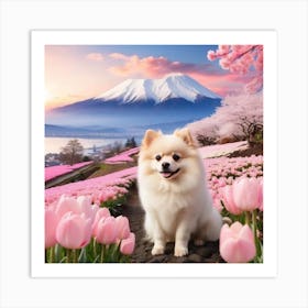 Cute Dog in Pink tulips Art Print