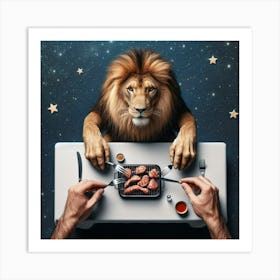 The lion eats steak on a table 2 Art Print