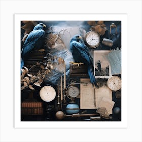 Blue Birds And Clocks Art Print