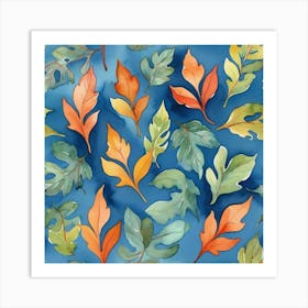 Watercolor Leaves On Blue Background Art Print 2 Art Print