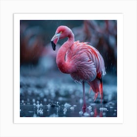 Pink Flamingo In The Rain Art Print