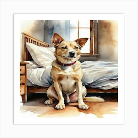 Dog Sitting On Bed Art Print