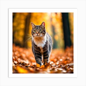 Cat Walking In Autumn Leaves Art Print