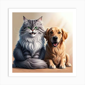 A Breathtakingly Detailed, Vibrant, And Humorous Illustration Of An Unlikely Yet Adorable Cat And Dog 2 Art Print