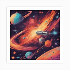 A Retro Style Universe Unveiled Blasting Space, With Colorful Exhaust Flames And Stars In The Backgr Art Print