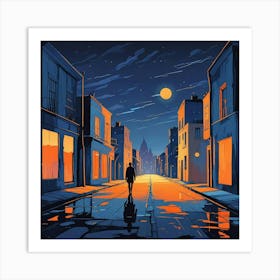 Night Scene Of A Street With A Person Walking Down The Street Art (2) Art Print