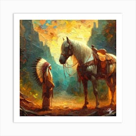 Young Native American Youth With Horse 3 Oil Texture Art Print