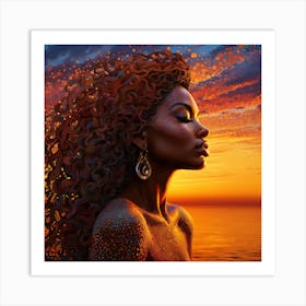 Sunset Woman With Curly Hair Art Print