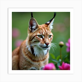 Lynx In A Garden Of Peonies 1 Art Print