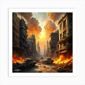 Post Apocalyptic Cityscape With Burning Cars Art Print