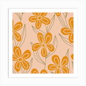 Orange Flowers with Leaves On A Pink Background Art Print