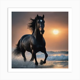 Beautiful black running horse  Art Print