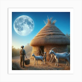 person and two goats are standing in front of a straw hut. The sky is blue, and there is a full moon. Art Print