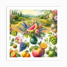 Fruit And Flowers In A Vase Art Print