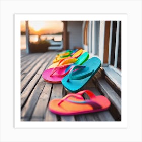 Colorful Flip Flops on beach house porch Art Print