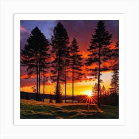 Sunset Over Pine Trees Art Print