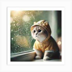 Curious Cat in Raincoat Wall Art: A Cozy and Whimsical Scene for Cat Lovers and Unique Home Decor Print Art Art Print