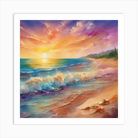 Seashore. Sand, waves, sunset and summer oil colors. California. Art Print