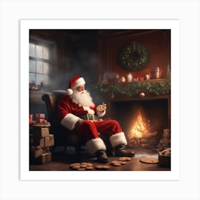 Santa Claus Sitting In Front Of Fireplace 1 Art Print