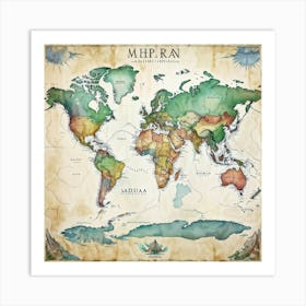 Detailed World Map Watercolor Style Continents And Oceans Outlined With Precision Geographic Land (4) Art Print