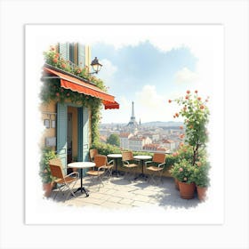 Watercolor Of A French Café Terrace With Blooming Flowers And City Views 1 Art Print