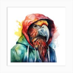 Watercolour Cartoon Parrot In A Hoodie 2 Art Print