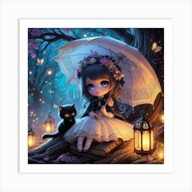 Little Girl With Umbrella And Cat Art Print